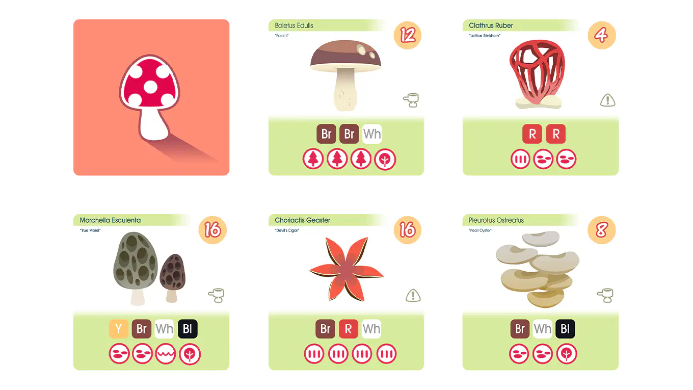 illustration of mushroom cards with stats